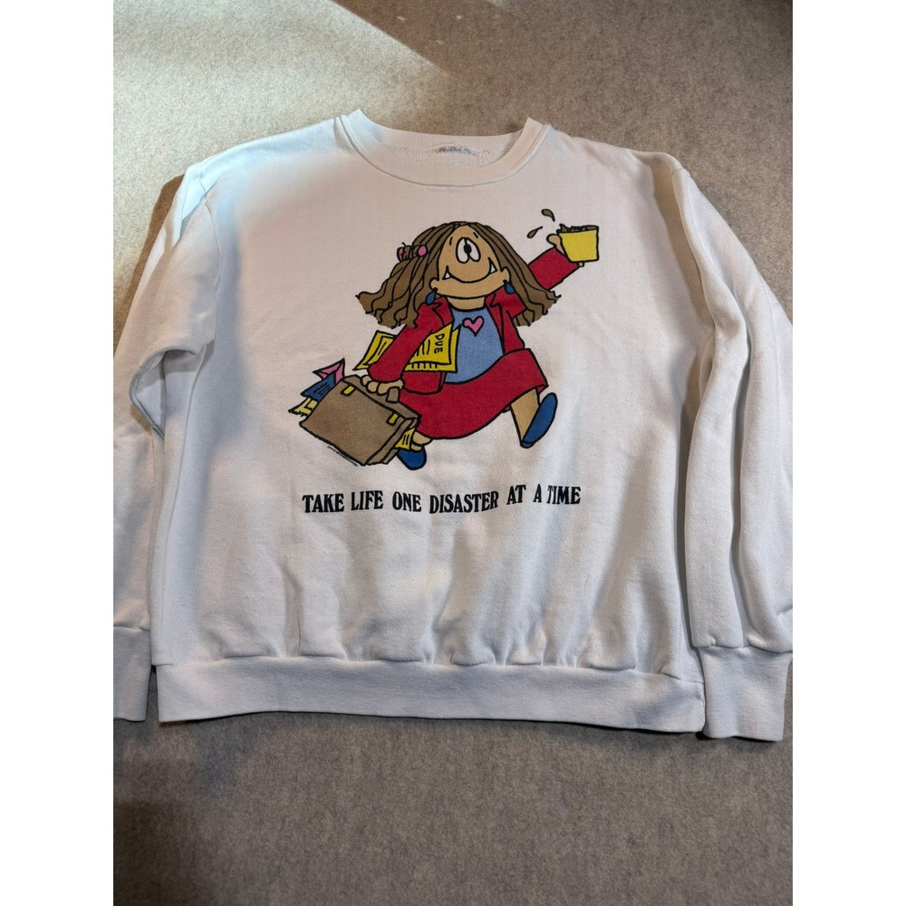 Vintage 1983 Cathy Comic Take Life One Disaster At A Time‎ Sweatshirt White 80s